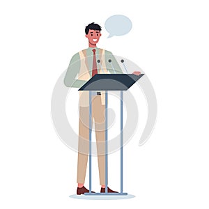 Business character standing behind a lectern. Office worker perform