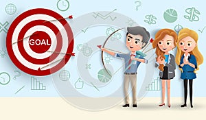 Business character team goals vector concept. Business people aiming target goal in dart.