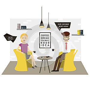 Business characters drink coffee in modern office. Modern office scene. Vector Illustration