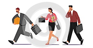 Business Characters Hurry at Work due to Oversleep or Traffic Jam. Businessmen or Businesswomen with Bags Late in Office