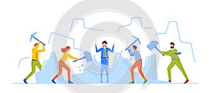 Business Characters Ice Breaking Activity. Group Of People With Sledgehammer Break Large Ice Lump With Woman Inside