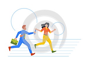 Business Characters Man and Woman Participate In Relay Race Passing Baton To Teammate. Teamwork, Competition Sport Event