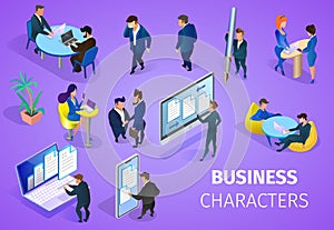Business Characters Set on Purple Background.
