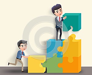 Business characters in team activity vector concept. Male business team of employees in building puzzle activity.