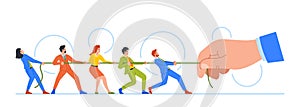 Business Characters Team Competes Against Huge Boss In Game Of Tug-of-war or Rope-pulling Match Vector Illustration