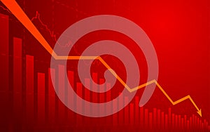 Business chart with arrow downtrend line graph, bar chart and stock numbers on red color background