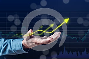 Business Chart Arrow Glowing on Stock market Analysis Data and Trading statistic value economic on hand index fund and money