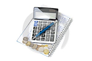 Business chart. Calculator, notebook, pen and coins.