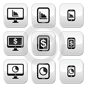 Business, chart on computer, tablet, smartphone buttons set