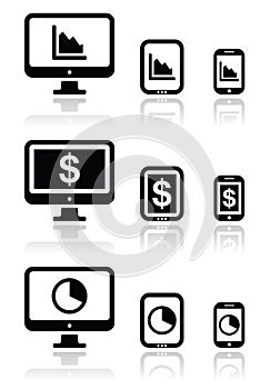 Business, chart on computer, tablet, smartphone icons set