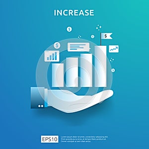 business chart on hand. income salary rate increase. graphic growth margin revenue. Finance performance of return on investment