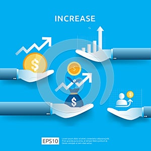 business chart on hand. income salary rate increase. graphic growth margin revenue. Finance performance of return on investment