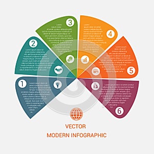 Business chart modern infographic vector template from color semicircle for 6 options