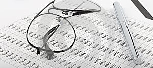 Business chart with pen and glassses on white background