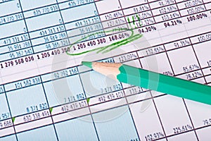 Business chart showing the success at the financial market. Green pencil. Selective focus