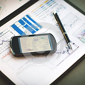 Business chart with smart phone and pen