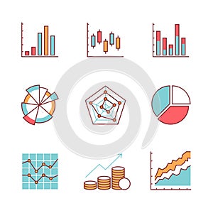 Business charts and data icons thin line set