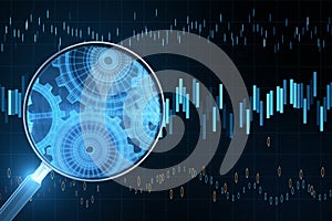 Business charts with digital interface and magnifying glass