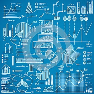 Business charts, graphs, stats doodles set on blue background.