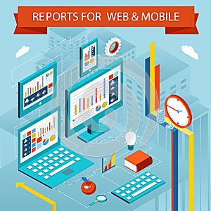 Business charts and reports on web pages, mobile apps. Flat isometric vector concept