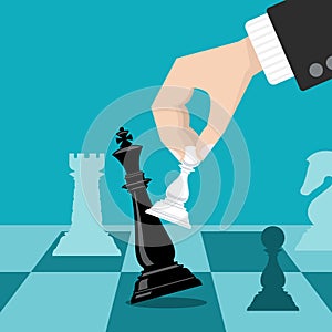 Business checkmate strategy vector concept with hand holding chess pawn