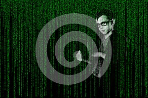 Business child with in a suit laptop in matrix style. hacker on techno-digital background