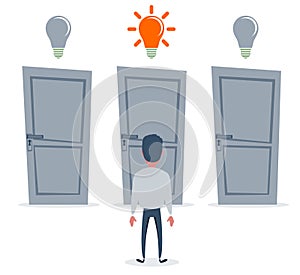 Business choice concept. Businessman is trying to choose a right door to enter it. Choosing a right way to solve a