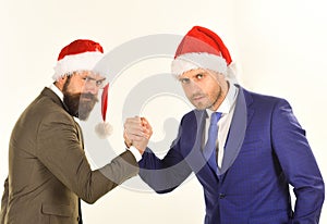 Business and Christmas vacation concept. Men in classic suits