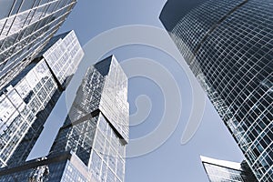 Business city center buildings background. Modern office architecture in the financial district. Glass skyscrapers in