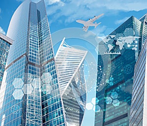 Business city with world map and molecule