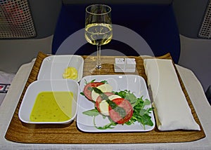 Business Class Appetizer Serving on a long distance flight route