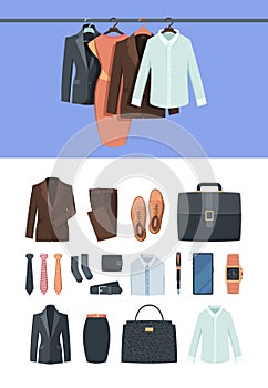 Business clothes. Male and female textile business office style elegant shirts pants belt shoe skirt garish vector flat