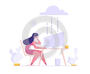 Business Cloud Storage Datacenter Hosting Servers Concept with Businesswoman Character Sitting in Front of Monitor