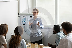 Business coach explaining corporate aims during seminar