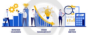 Business coaching, crisis management, audit service concept with tiny people. Consulting company abstract vector illustration set