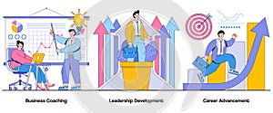 Business coaching, leadership development, career advancement concept with character. Professional growth abstract vector
