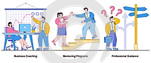 Business coaching, mentoring programs, professional guidance concept with character. Personal development abstract vector