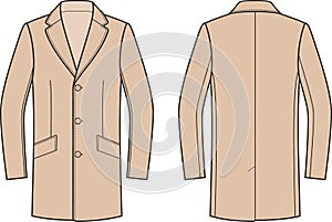 Business coat flat sketch. Classic overcoat apparel design. Front and back. Men CAD mockup. photo