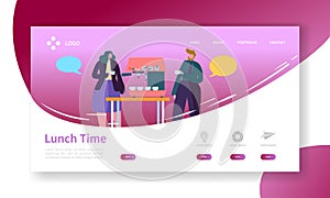 Business Coffee Break Landing Page. Lunch Time Banner with Flat People Characters Website Template. Easy Edit