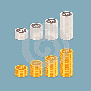 Business. coins. Money vector illustration, flat coin money stacked icon flat, white and Golden penny cash pile. symbol. on blue