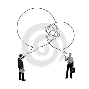 Business collaboration and strategic dialogue. Two businessmen with speech bubbles over head. Contemporary art collage.