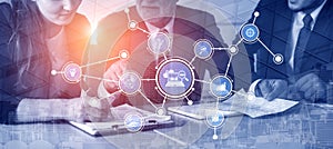 Business collaboration and strategy development concept with digital interface and data visualization in a corporate