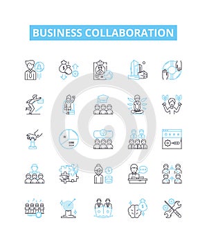 Business collaboration vector line icons set. Cooperation, Networking, Teaming, Syndication, Merging, Uniting, Sharing