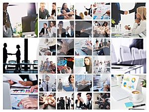 Business collage with scene of business person at work