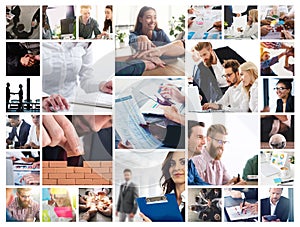 Business collage with scene of business person at work