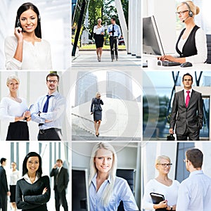 Business collage. Set of photos about communication and office workers