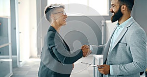 Business colleagues shaking hands after closing business deal