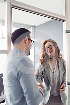 Business colleagues shaking hands after closing business deal