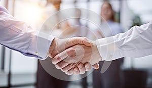 Business colleagues shaking hands in an office hallway