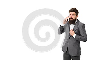 Business communication. bearded businessman in formal suit. Agile business. mature man. man speaking on phone. success